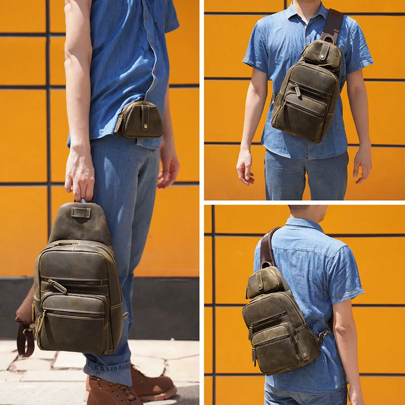 Femlion Leather Chest Bag Backpack Men's Crossbody Shoulder Sling Pack