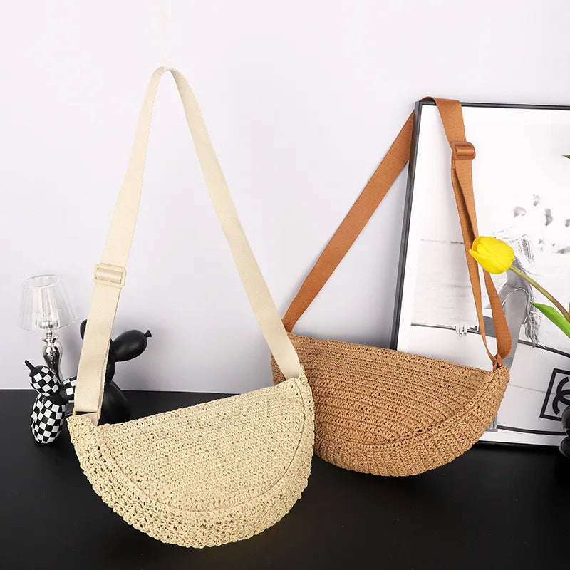 Femlion Grass Woven Mini Shoulder Bag Crossbody Beach Handbag