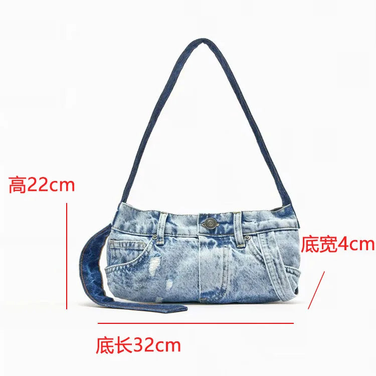 Femlion 2023 Summer Sea Blue Cowboy Shoulder Bag Women's Patchwork Tote