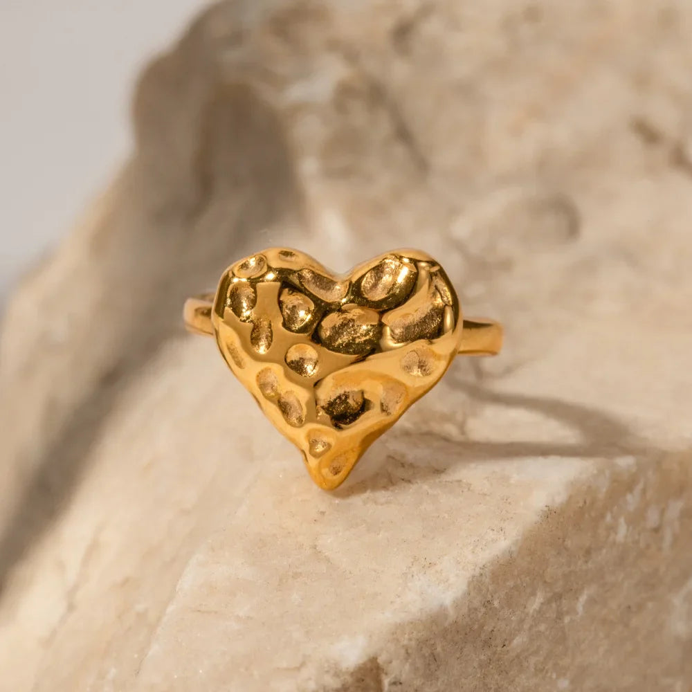 Femlion Gold Plated Hammered Heart Ring Vintage Jewelry France Style