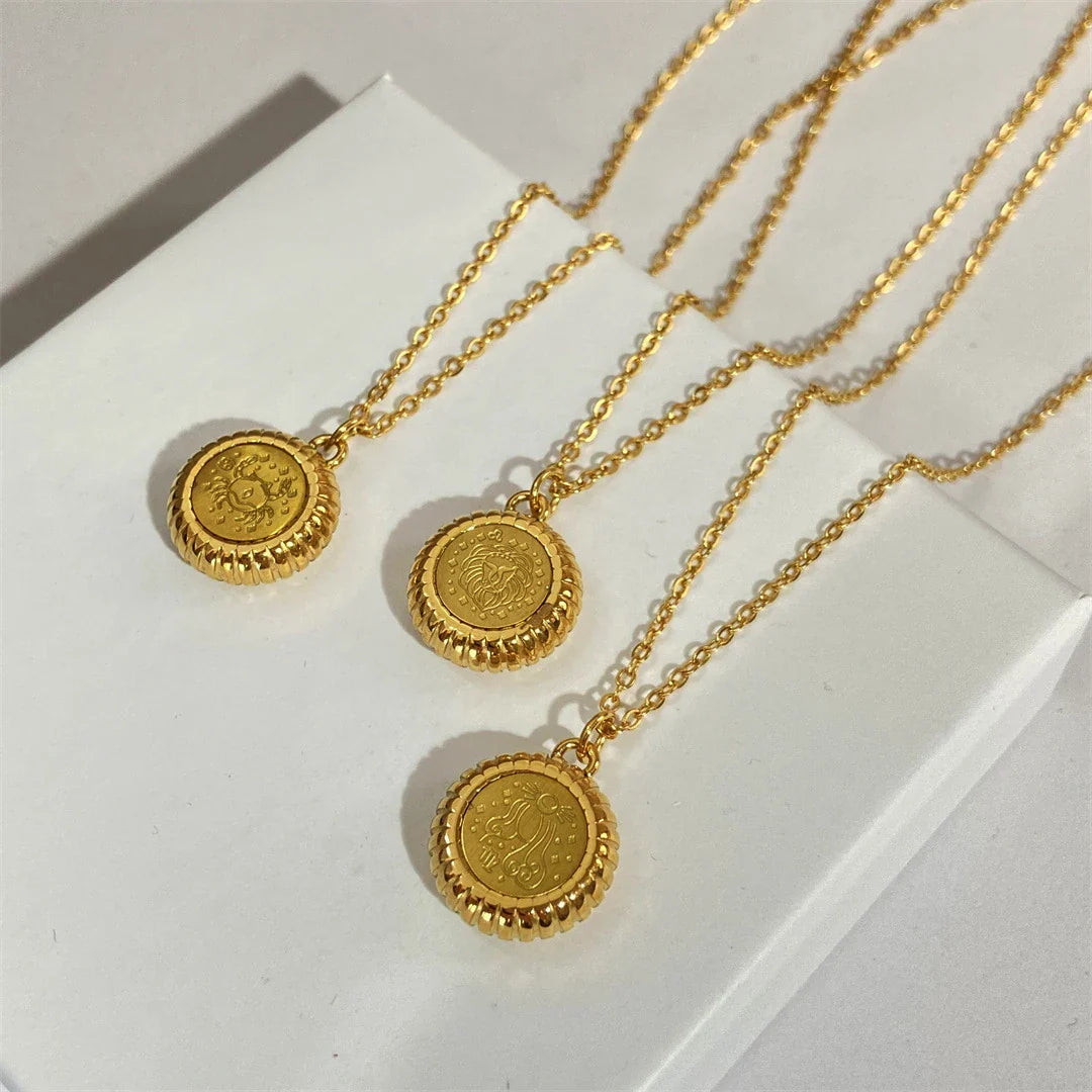 Femlion Zodiac Necklace: 12 Constellations Round Pendant on Link Chain