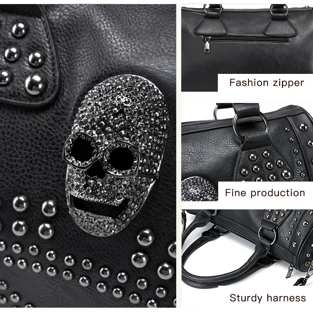 Femlion Skull Rivet Boston Bag Black Handbag Luxury Pu Leather Crossbody Tote