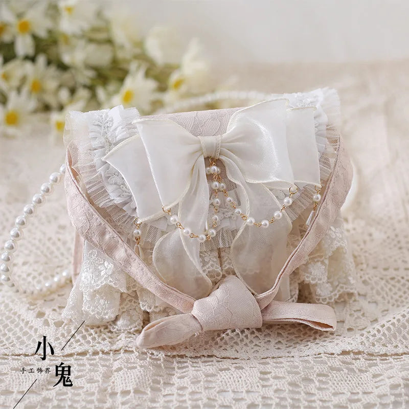 Femlion Bowtie Lace Lolita Shoulder Bag with Imitation Pearl Cross Body