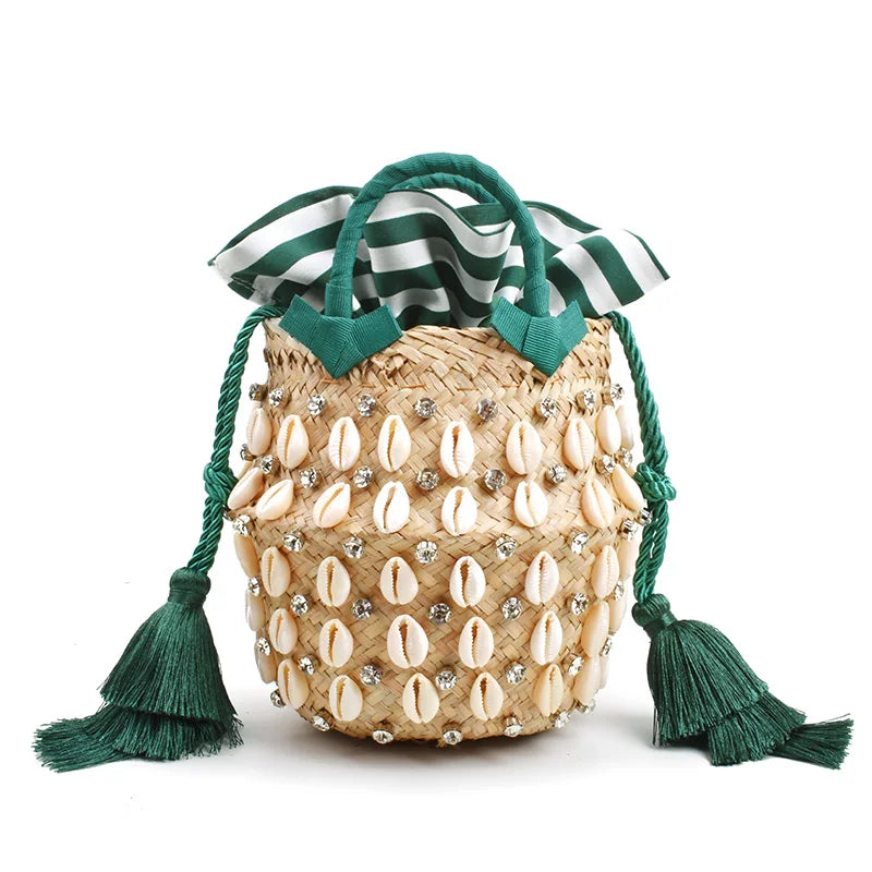 Femlion Crystal Tote Bag: Stylish Woven Bucket Shoulder Bag with Diamond Embellishments