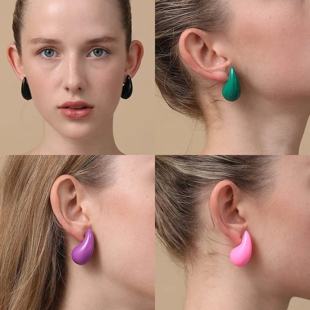 Femlion Colorful Water Drop Chunky Earrings - Retro Lightweight Teardrop Hoops