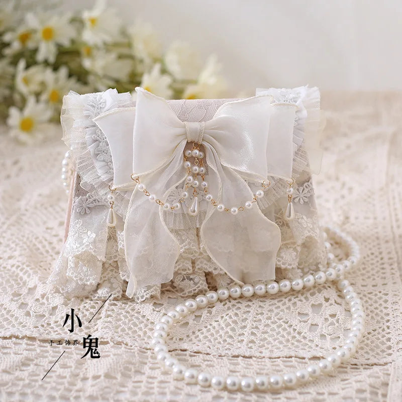 Femlion Bowtie Lace Lolita Shoulder Bag with Imitation Pearl Cross Body