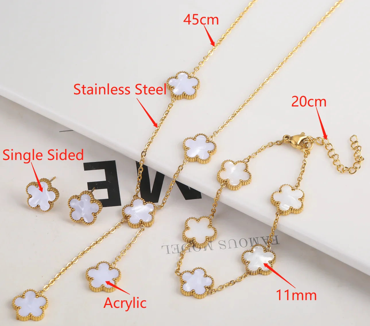 Femlion Stainless Steel Flower Shell Acrylic Jewelry Set Women Clover