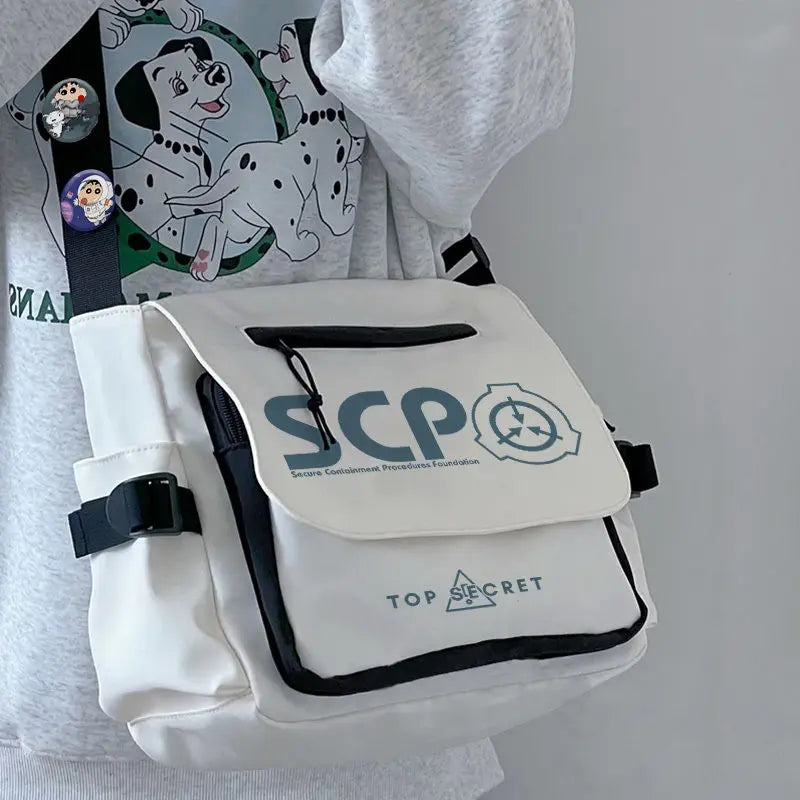 Femlion Anime SCP Shoulder Bag - Black & White Messenger with Badges & Front Zipper