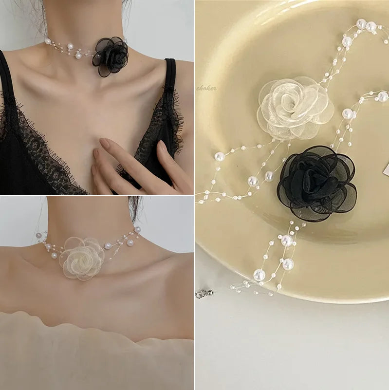 Femlion Elegant Lace Flower Choker Necklace with Simulated Pearl Chain