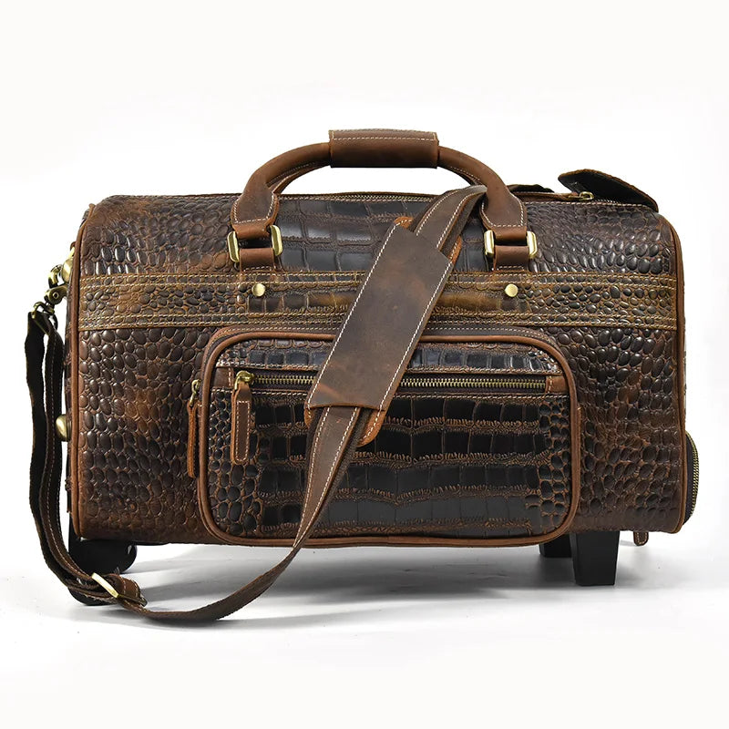 Femlion Alligator Strip Leather Men's Travel Bag Large Capacity Hand Luggage Bag