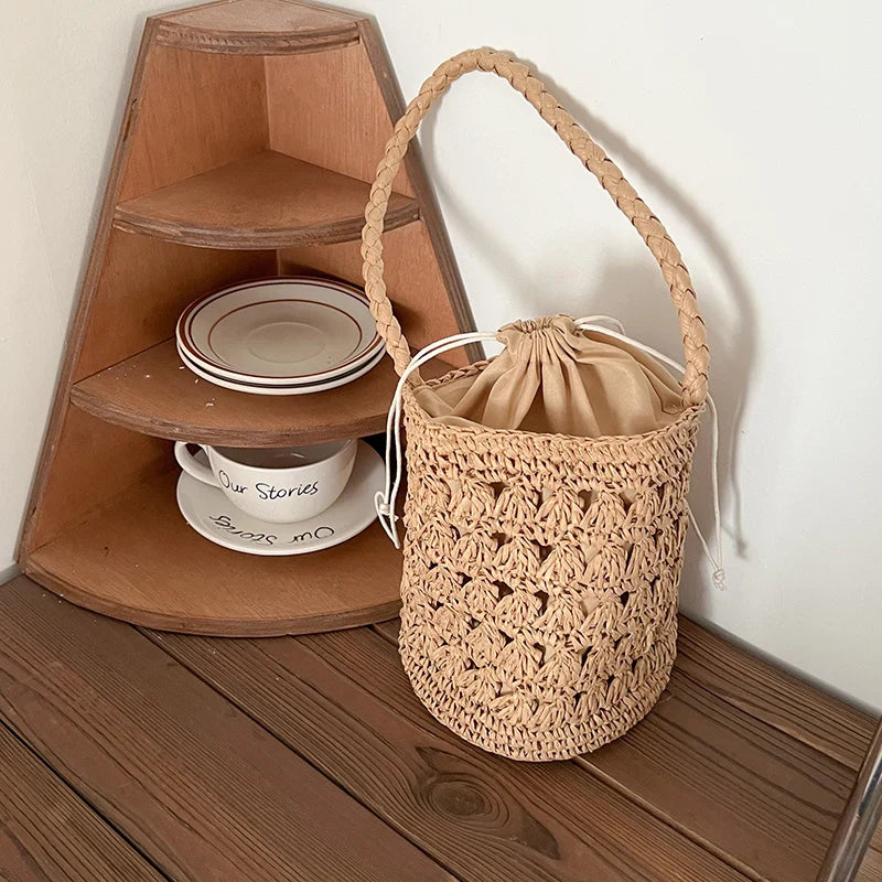 Femlion Straw Woven Bag: 2022 Summer Hand Woven Hollow Bucket Rattan Bag for Women