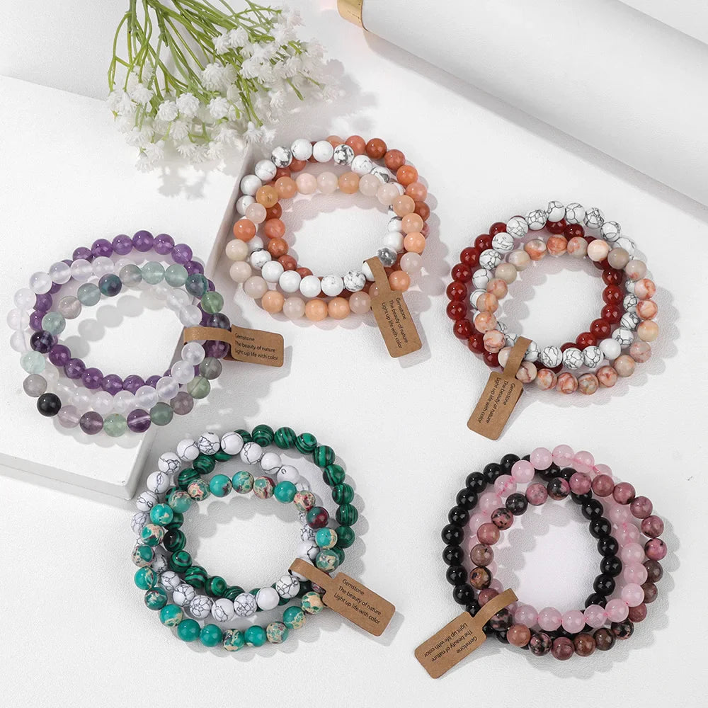 Femlion Healing Agates Stone Crystal Beads Bracelet Set for Women and Men