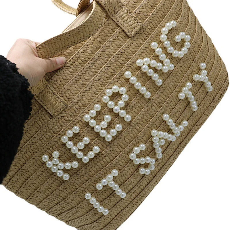 Femlion Pearl Woven Bag Shoulder Straw Fashion Beach Bag Large Capacity