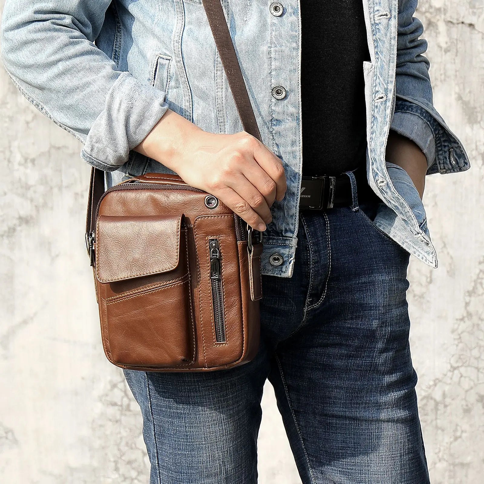 Femlion Men's Leather Shoulder Bag: Casual & Stylish Crossbody Phone Pouch