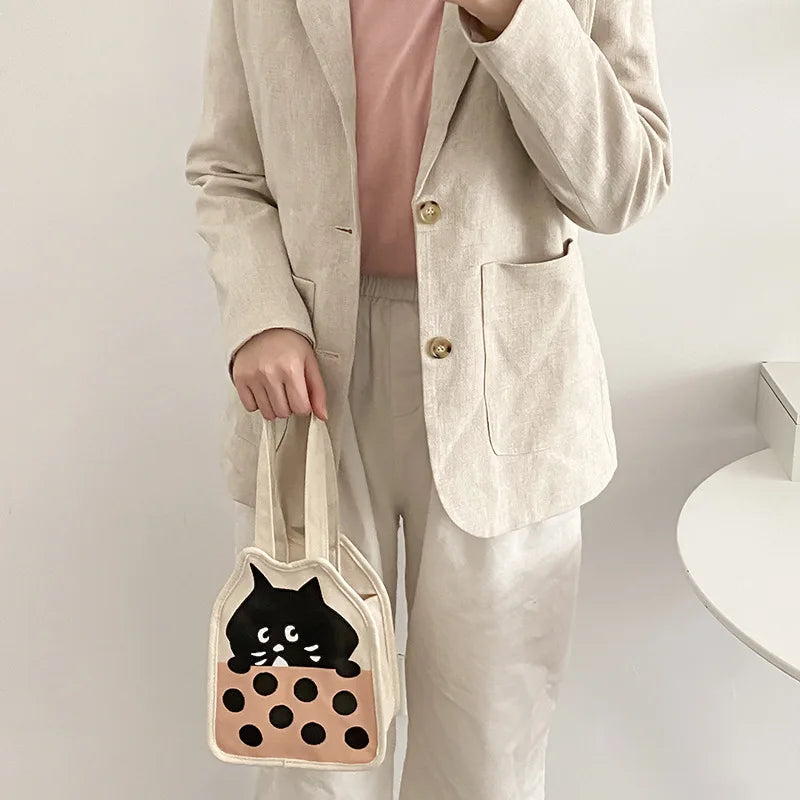 Femlion Black Cat Canvas Tote Bag: Cute Kitten Pattern Handbag for Women and Girls