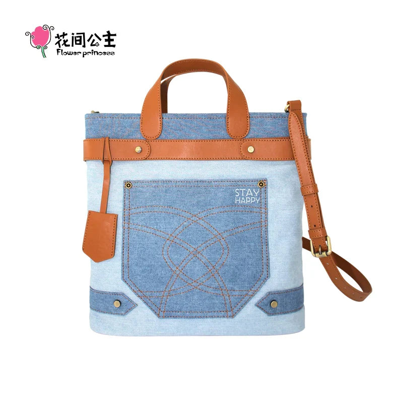 Femlion Flower Princess Square Denim Crossbody Bag for Women - Designer Original Big Messenger