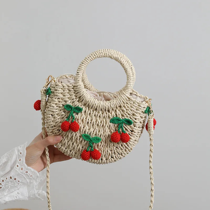 Femlion Cherry Strawberry Straw Bag Hand-Woven Messenger Bag