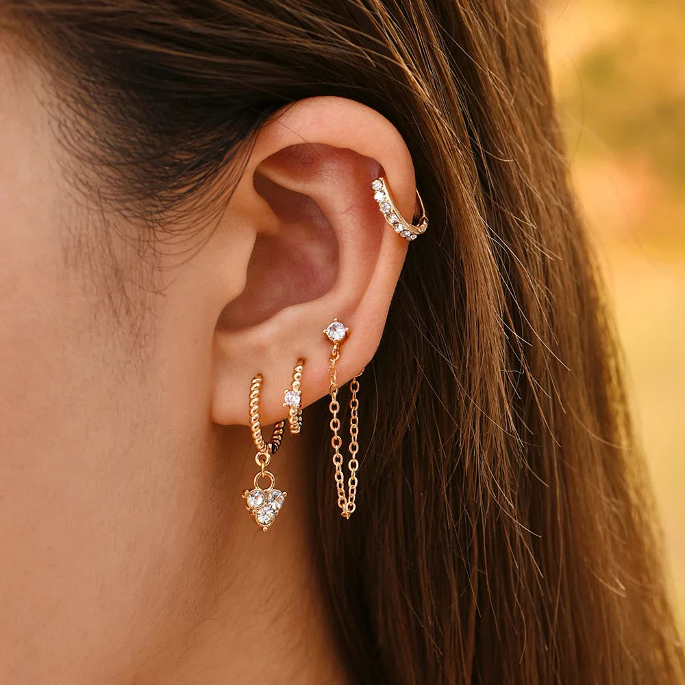 Femlion CZ Zircon Crystal Small Hoops Gold Chain Earrings Women Fashion Jewelry
