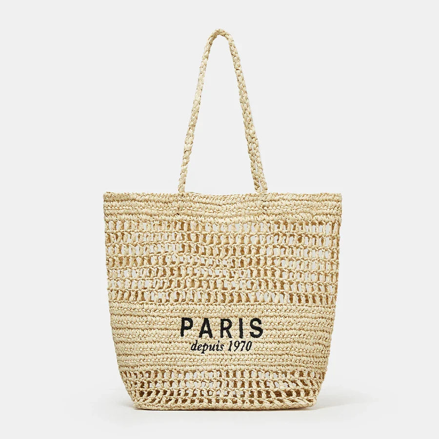 Femlion Straw Shoulder Bag: Handwoven Papaer Letters Tote for Beach, Summer Bali 2024