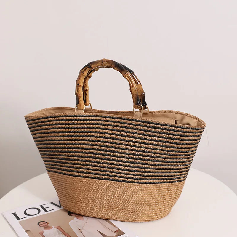 Femlion Striped Straw Woven Handbag - Large Capacity Bamboo French Retro Basket Bag