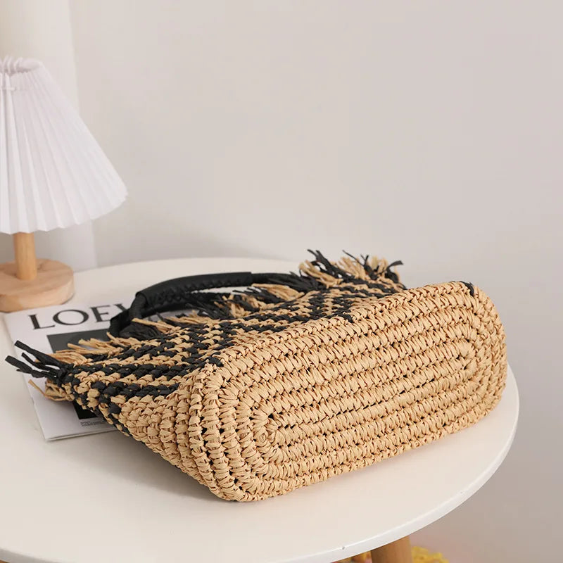 Femlion Retro Straw Bag Tassel Handbag Beach Totes Seaside Holiday Women's Hand-woven