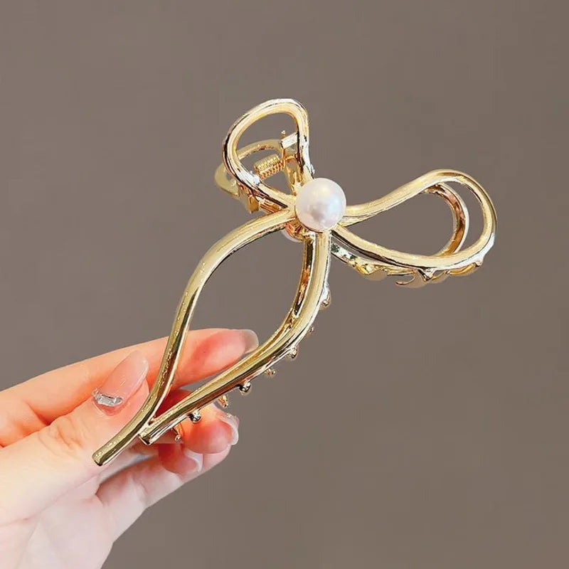 Femlion Metal Pearl Bow Hair Claw Clip - Stylish Hair Accessories for Women