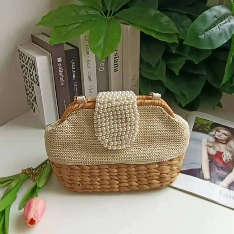 Femlion Chain Grass Weaving Pearl Bag