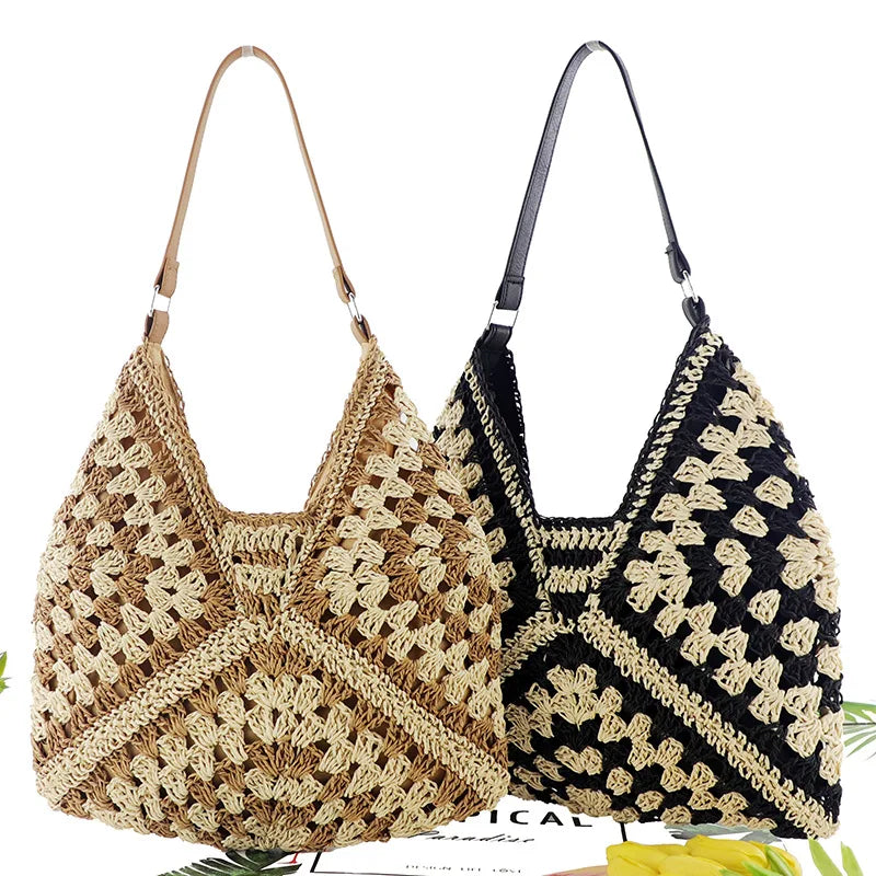 Femlion Square Flower Straw Woven Bag Shoulder Crossbody