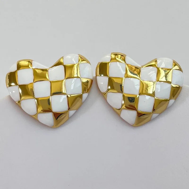 White Gold Heart Stud Earrings - Femlion Elegant Plaid Love Jewelry