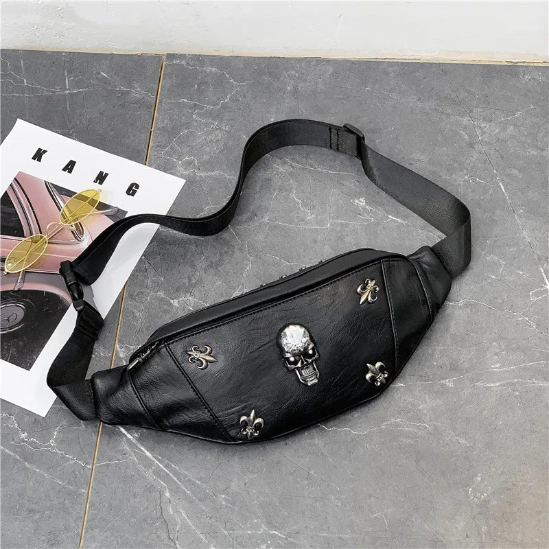 Femlion Leather Skull Chests Bag - Punk Style Fanny Pack & Phone Pouch