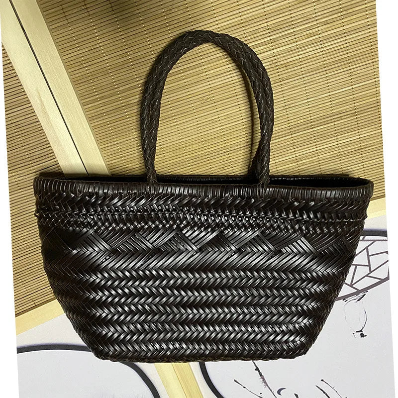 Femlion Leather Handmade Woven Vegetable Basket Women's Handbag