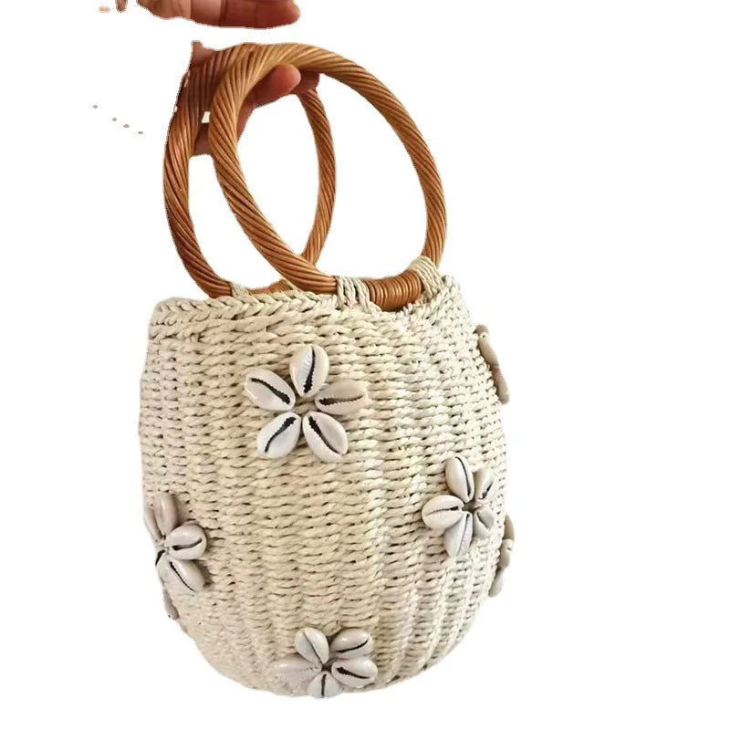 Femlion Shell Flower Vine Handle Woven Bag - Artistic Style Handheld Grass Woven Purse