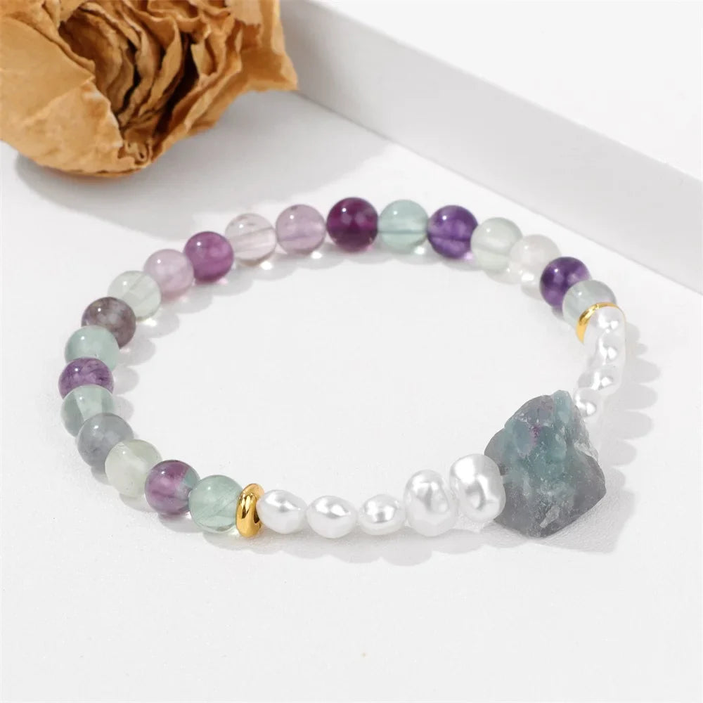 Fluorite & White Pearl Bracelet by Femlion - Natural Stone Stretch Bangle for Women