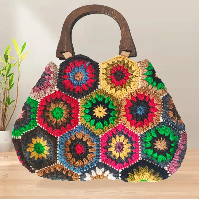 Femlion Vintage Crochet Wooden Handbag Large Tote Women's Shopper Purses