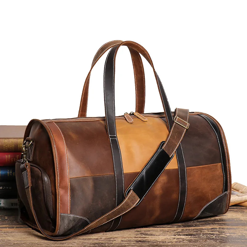 Femlion Leather Duffle Bag for Travel Men Women - Soft Cowskin Shoulder Weekender Bag