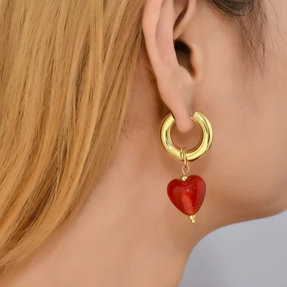 Femlion Heart Drop Earrings & Circle Huggie Hoops in Transparent Coloured Glaze