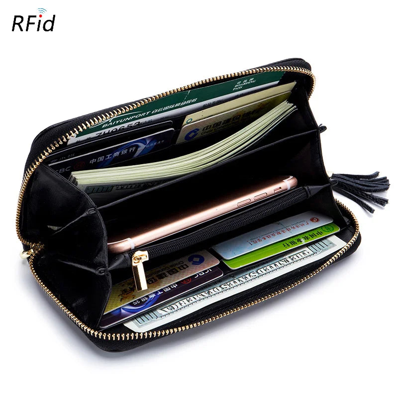 Femlion Tassel Long Wallet: Genuine Leather Women's Clutch with RFID Card Slots