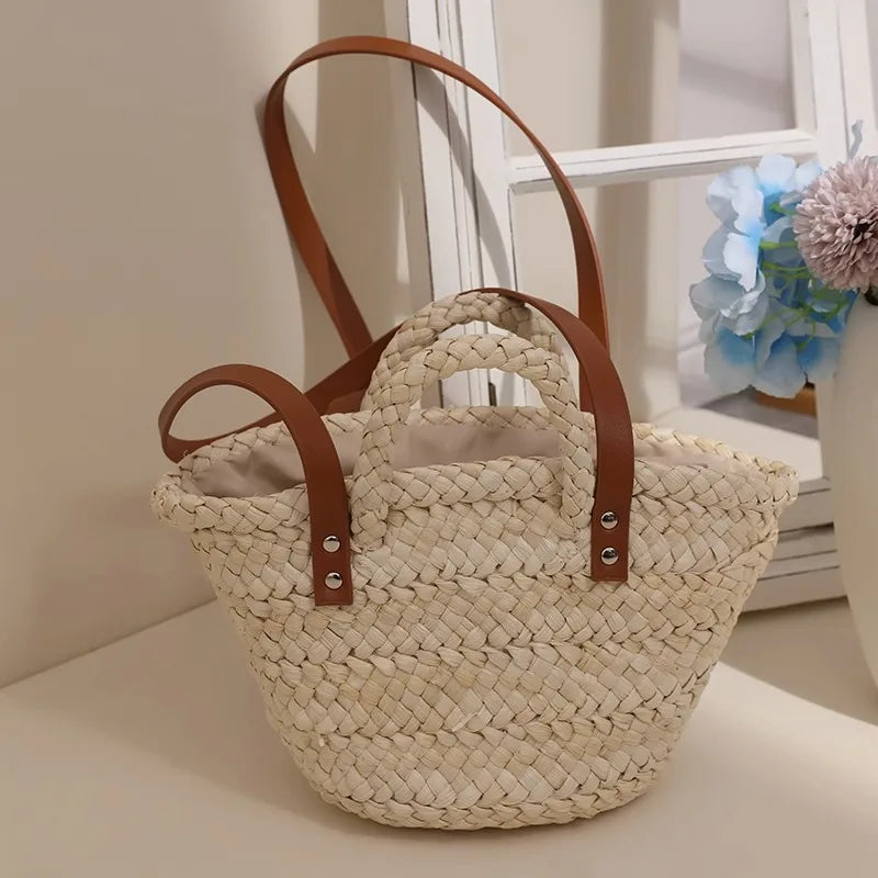 Femlion Corn Skin Woven Beach Vacation Bag