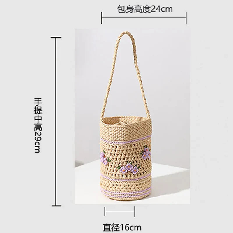 Femlion Raffia Straw Bucket Bag One-shoulder Handbag