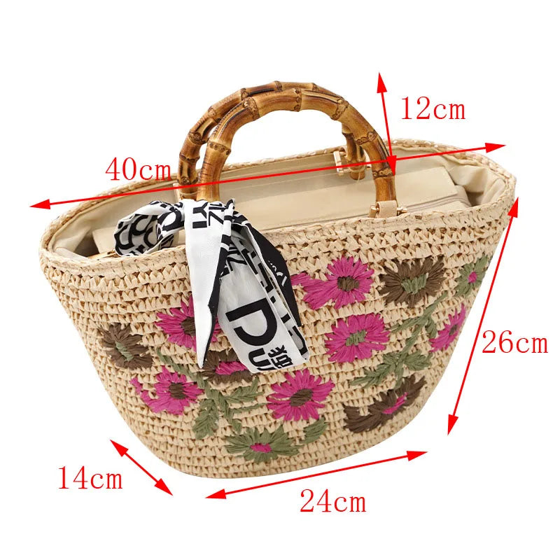 Femlion Small Flower Bag Rattan Handbag Beach Fashion Handbag Women's Bag