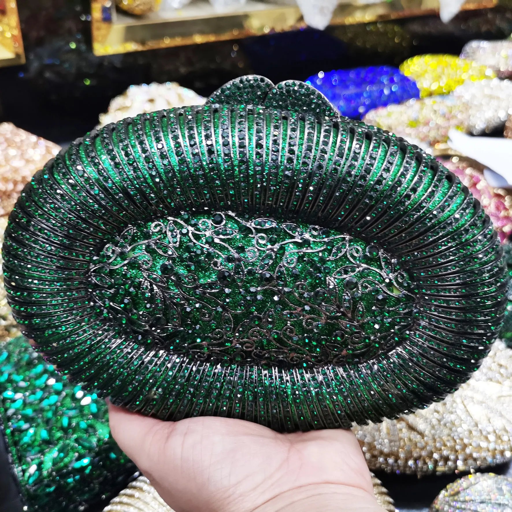 Femlion Green Oval Crystal Evening Bag Luxury Purse Chain Handbag Box Clutch