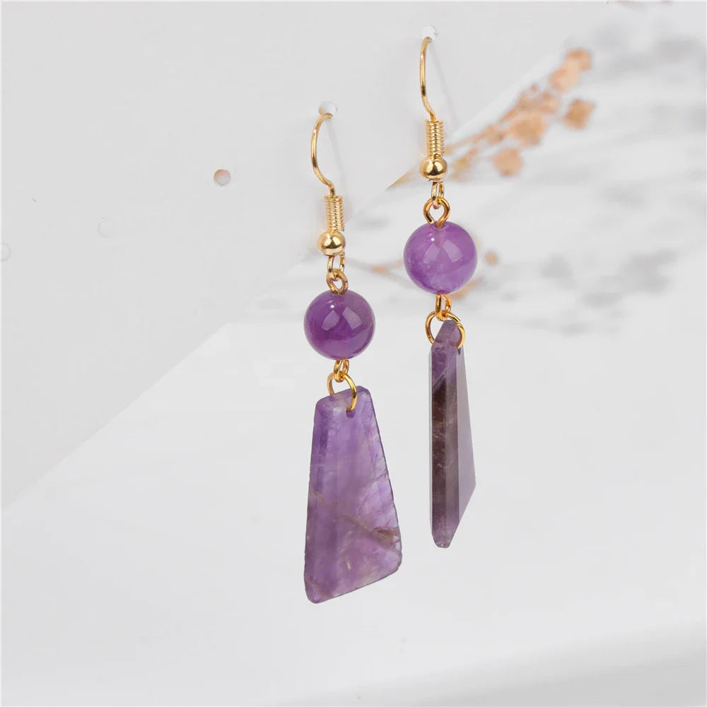 Femlion Geometric Stone Earrings: Tiger Eye, Amethyst Long Dangle Earrings for Women