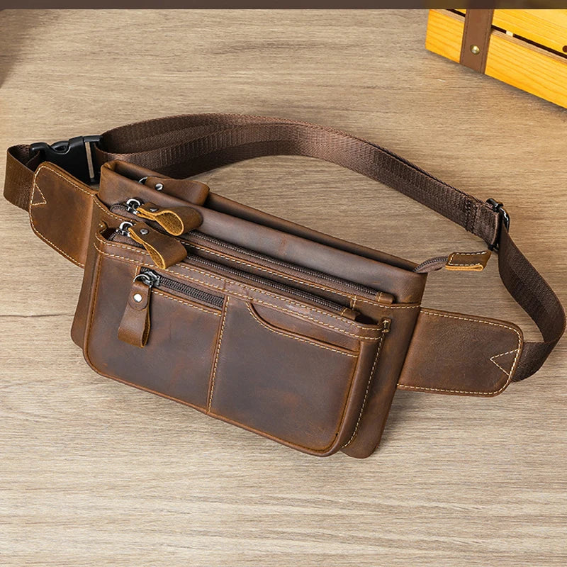 Femlion Genuine Leather Men's Waist Bag Crossbody Fanny Pack