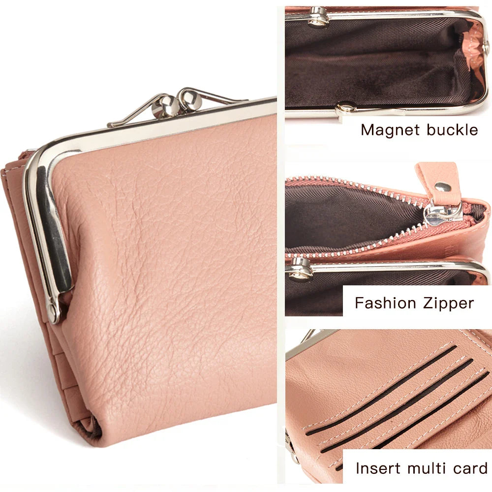 Femlion Genuine Leather Women's Wallet RFID Blocking Bifold Kiss Closure Card Holder