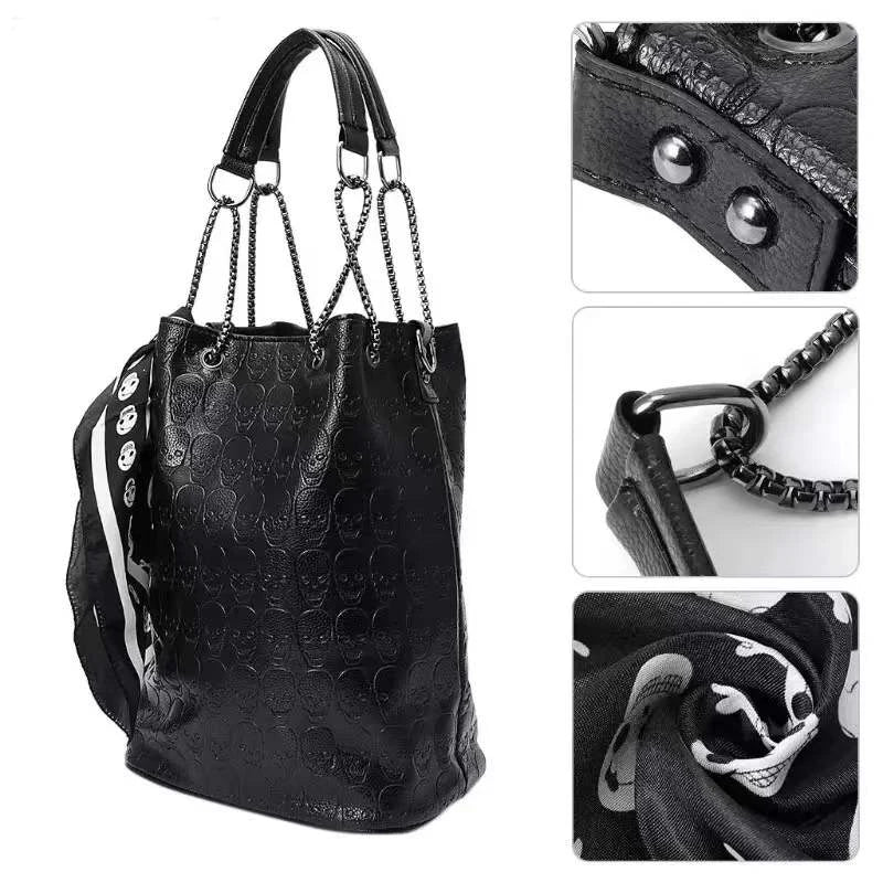 Femlion Skull Leather Handbag Set: Large Capacity Tote and Purse - Trendy 2022 Collection