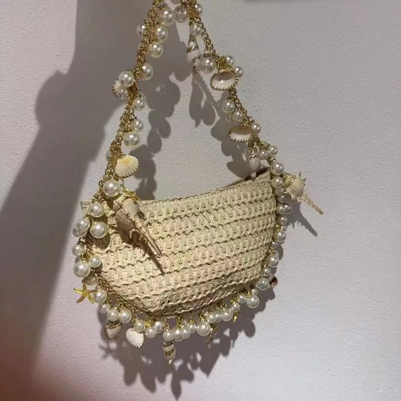 Femlion Fairy Pearl Conch Mini Crossbody Bag - Handwoven Small Mobile Phone Purse