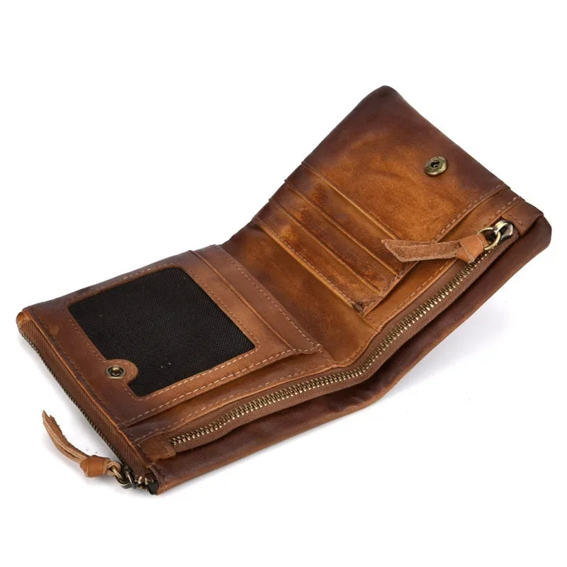 Femlion Retro Cowhide Double Zipper Men's Wallet in Genuine Leather