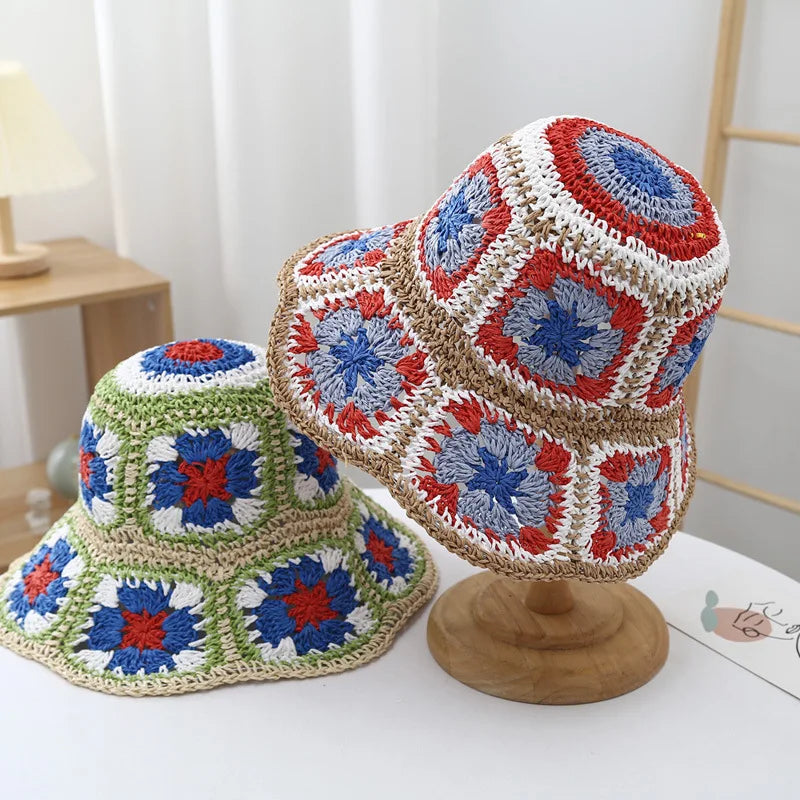 Femlion Boho Paisley Crochet Bucket Hat for Women Summer Beach Sun Straw Hat