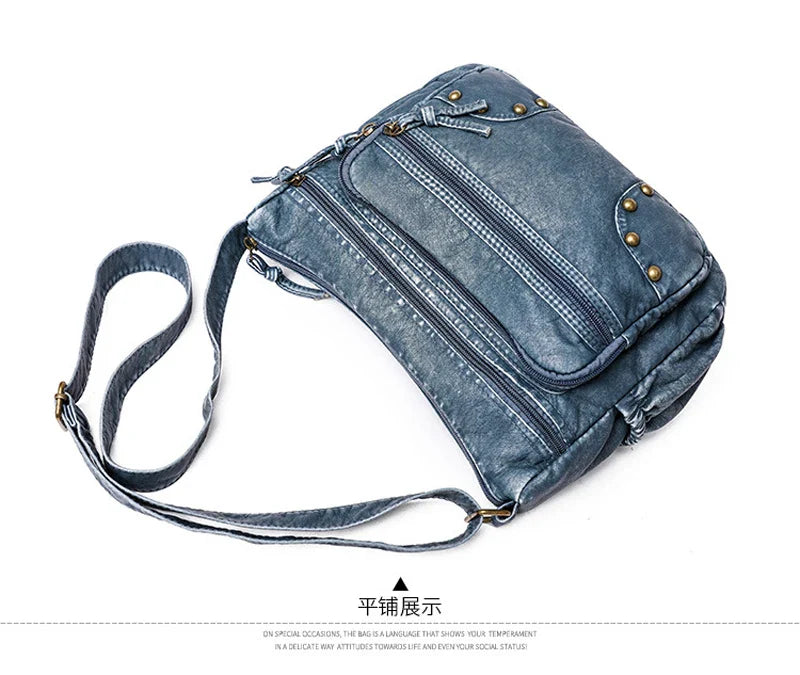 Femlion Vintage Soft Leather Crossbody Bag with Rivet Detail