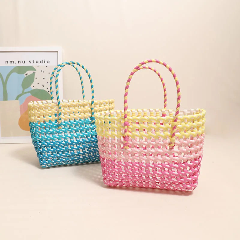 Femlion Square Woven Beach Bag Large Capacity Colorful Handheld Purse